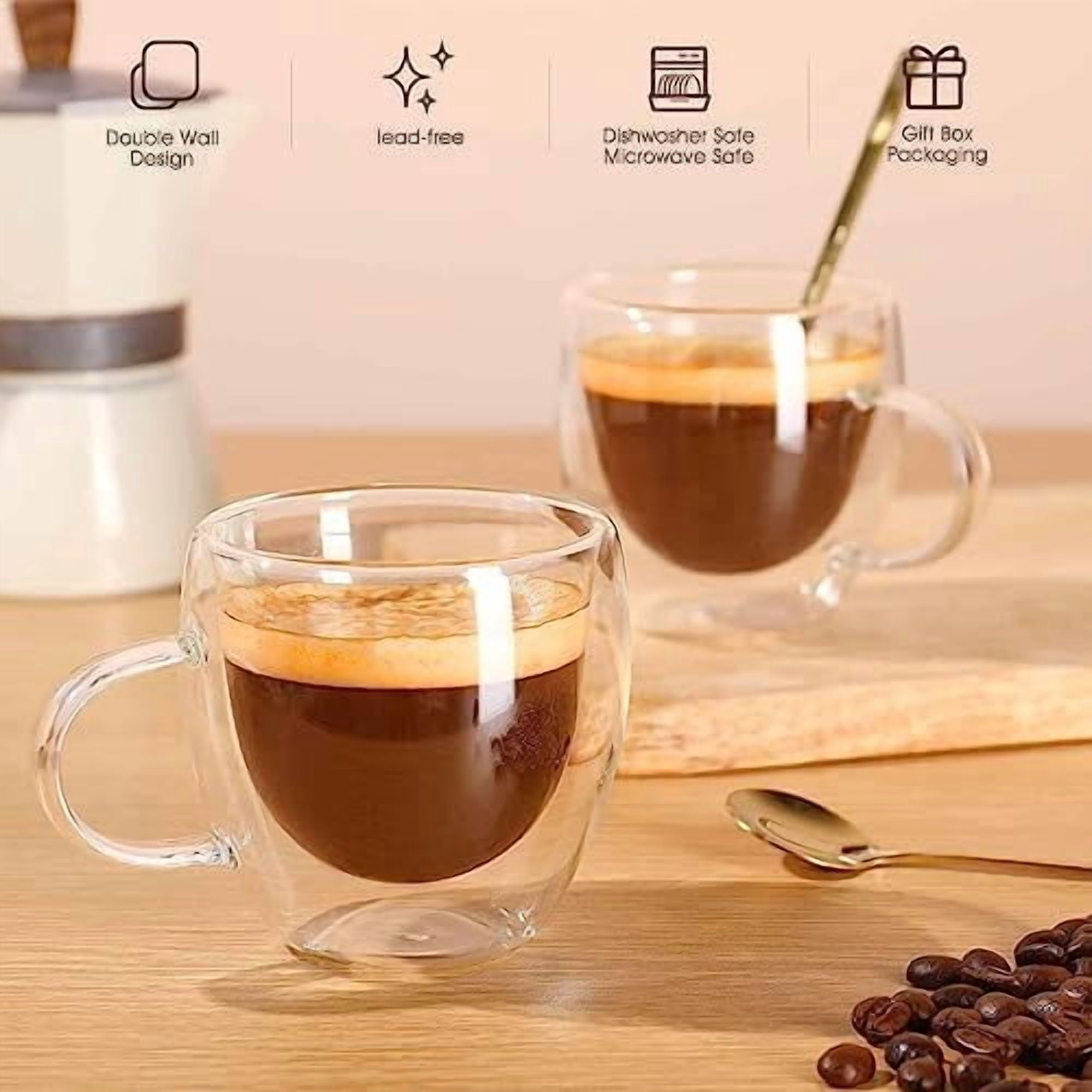 YNGLLC Espresso Cups Set Of 2,Double Wall 5OZ Hand Blown Espresso Shots Glass,Espresso Coffee Mugs In Gift Box,Perfect For Espresso,Latte,Cappuccinos,Tea Bag,Juice