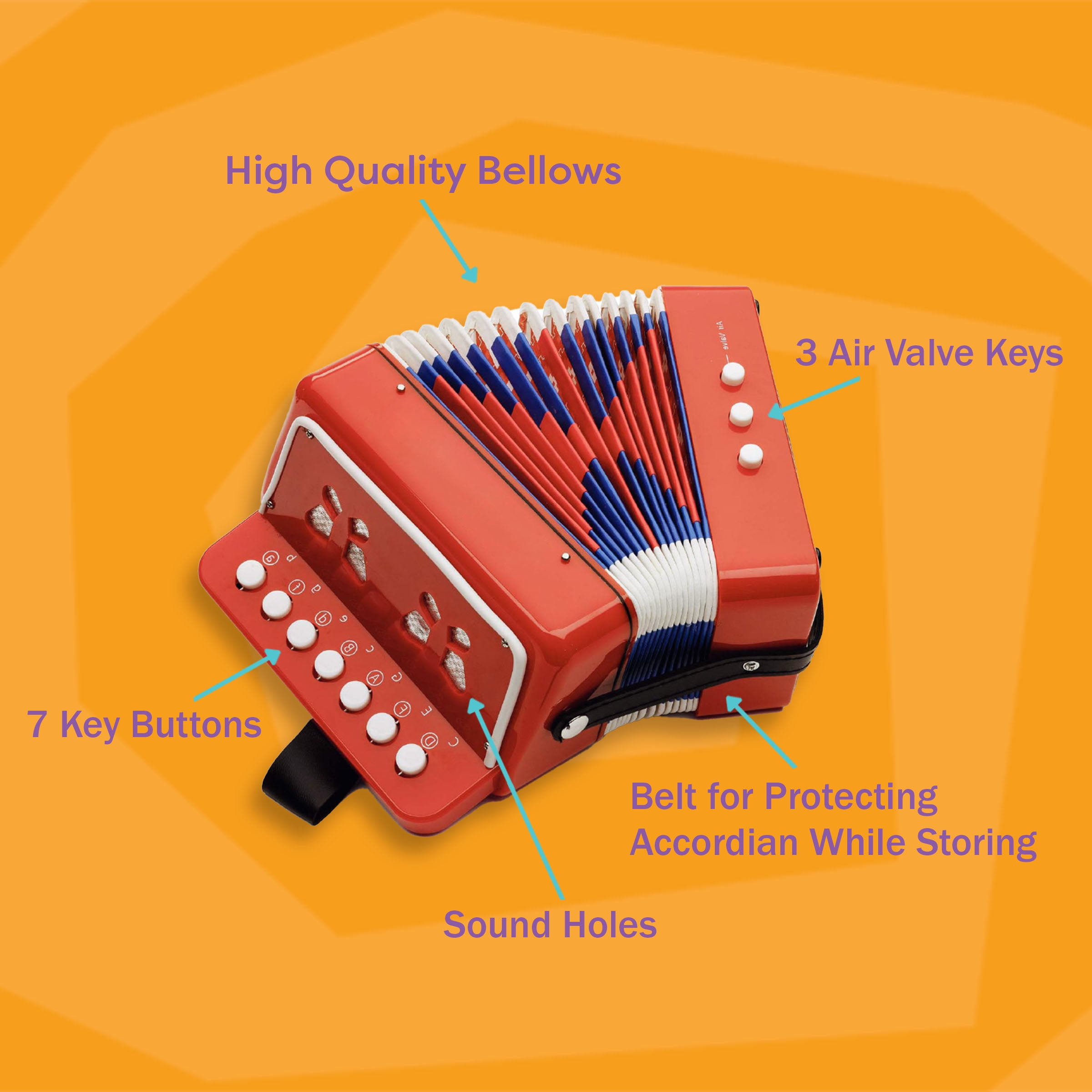 Hey! Play! Kids Accordion for Beginners - Accordion Toy with 10 Key Buttons, Musical Instrument for Kids (Red)