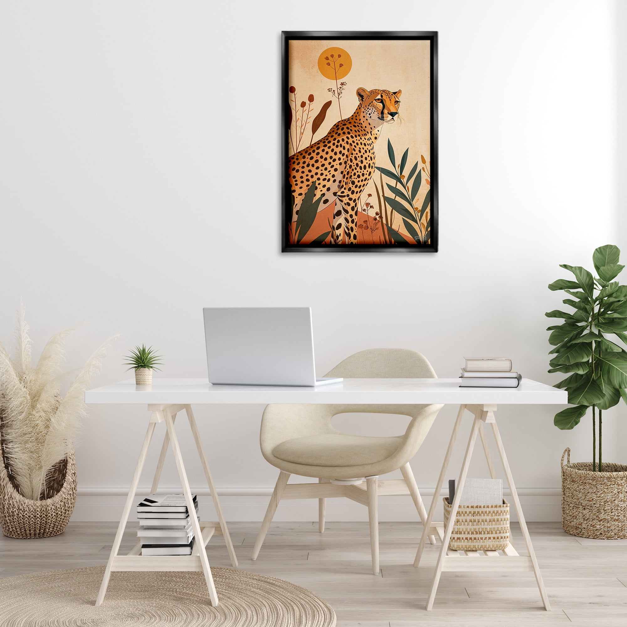 Stupell Industries Cheetah & Boho Plants Animals & Insects Painting Black Floater Framed Canvas Art Print Wall Art, 21 x 31