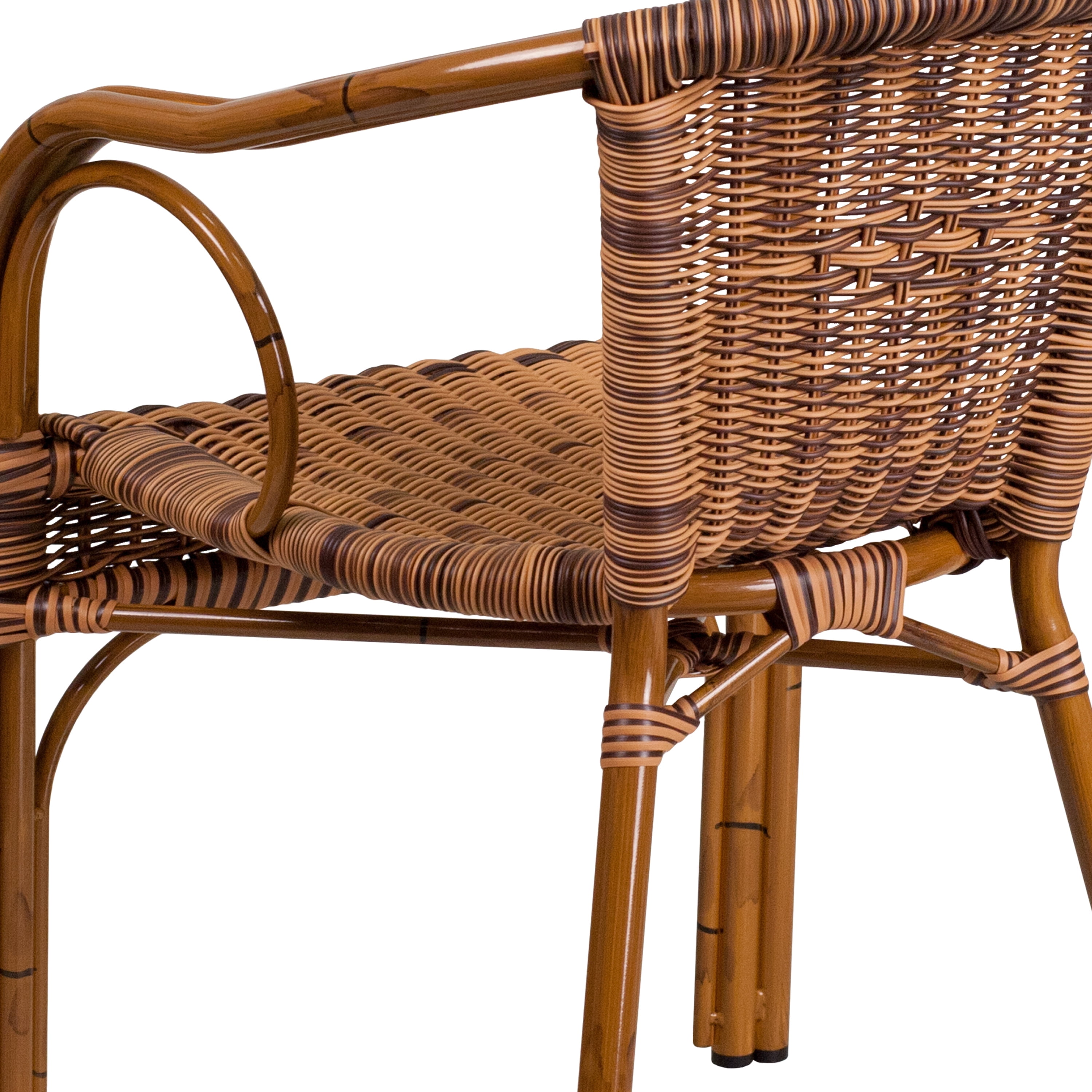 Merrick Lane Stacking Rattan Patio Chair in Burning Brown with Dark Red Bamboo Look Aluminum Frame and Integrated Arms