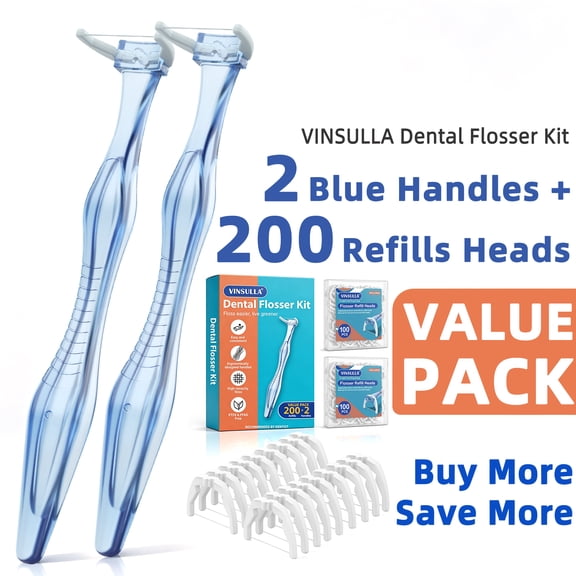 VINSULLA Dental Flosser Kit, Comfort Tension Shred-Resistant Floss, 2 Reusable Long Handles & 200 Refill Heads Safe for Whole Family