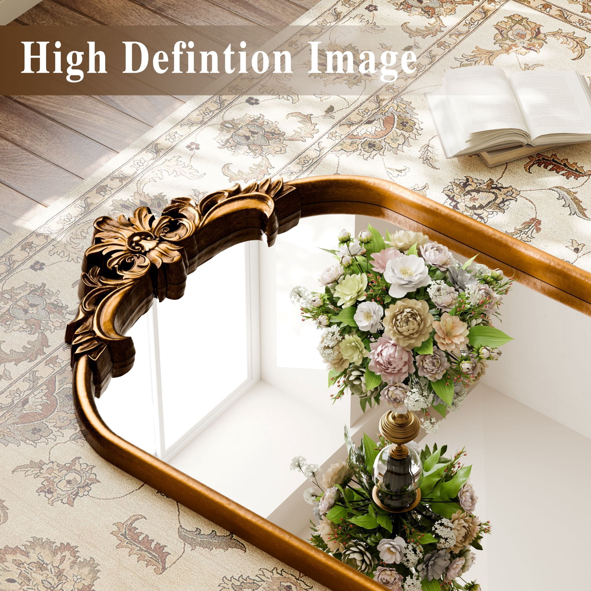 Easy4Home 69"x28" Arched Full-Length Floor Mirror Smooth Arch Top Floral Crest Standing Mirror, Antique Gold