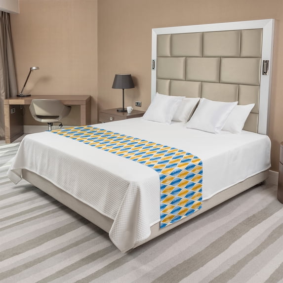 Abstract Bed Runner, Ogee Inspired Pattern Colorful Retro Grungy Look Circular Illustration, Decorative Accent Bedding Scarf for Hotels Homes and Guestrooms, King, Azure Blue and Orange, by Ambesonne
