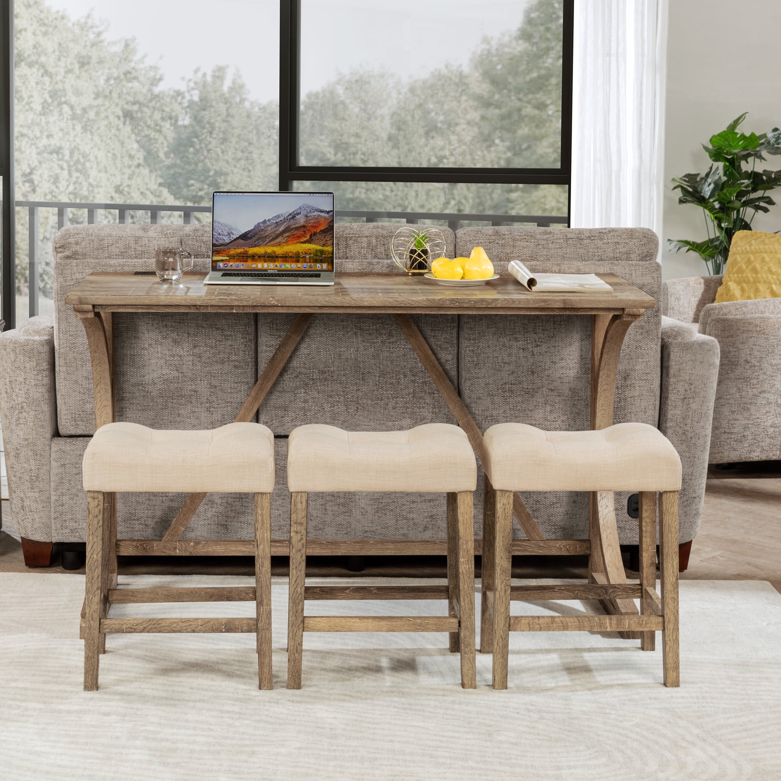 LUCKHAO 4-Piece Counter Height Bar Table Set with Socket and 3 Fabric Padded Bar Stools, Tall Kitchen Breakfast Dining Table Set with Stools
