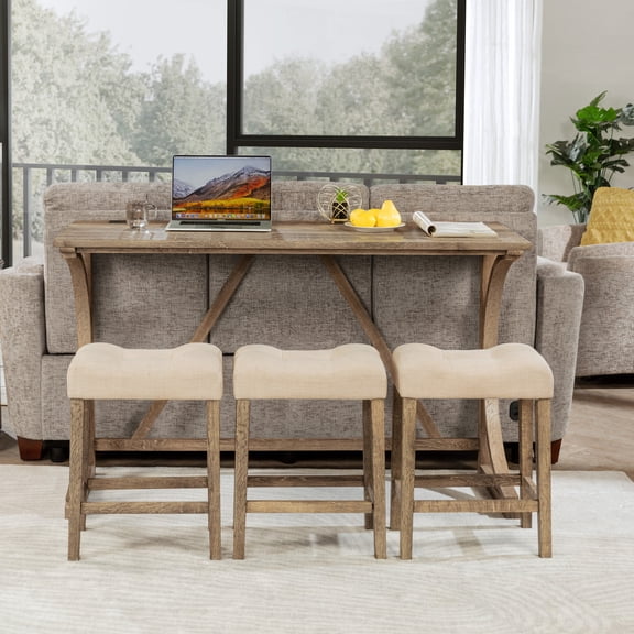4-Piece Bar Table Set, High Top Kitchen Table And Stools Set, Rectangular Bar Table With Power Outlet, Counter Height Pub Dinette Set for Dining Room Small Space