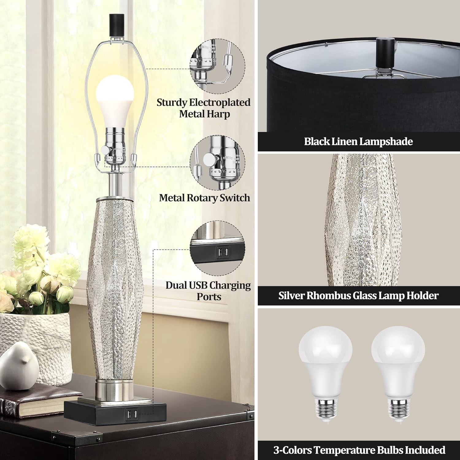 Miniyam Table Lamps Set of 2, Bedroom Lamp with USB A+C Charging Ports, Modern Glass Rotary Switches Beside Lamps (LED Bulbs Included)