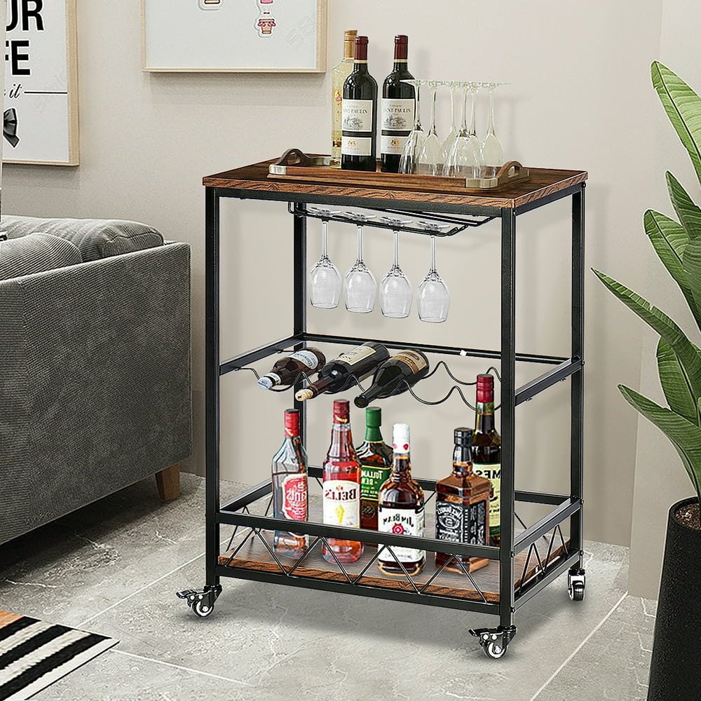 Industrial Bar Carts on Wheels with Wine Rack and Glass Holder Outdoor