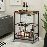 Industrial Bar Cart on Wheels with Wine Rack and Glass Holder Outdoor Wood Metal Bar Serving Cart 3 Tier Storage Portable Bar for Home