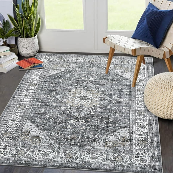 HOMERRY Large Gray Rug 9' x 12' Area Rug for Living Room Boho Vintage Floral Indoor Carpet