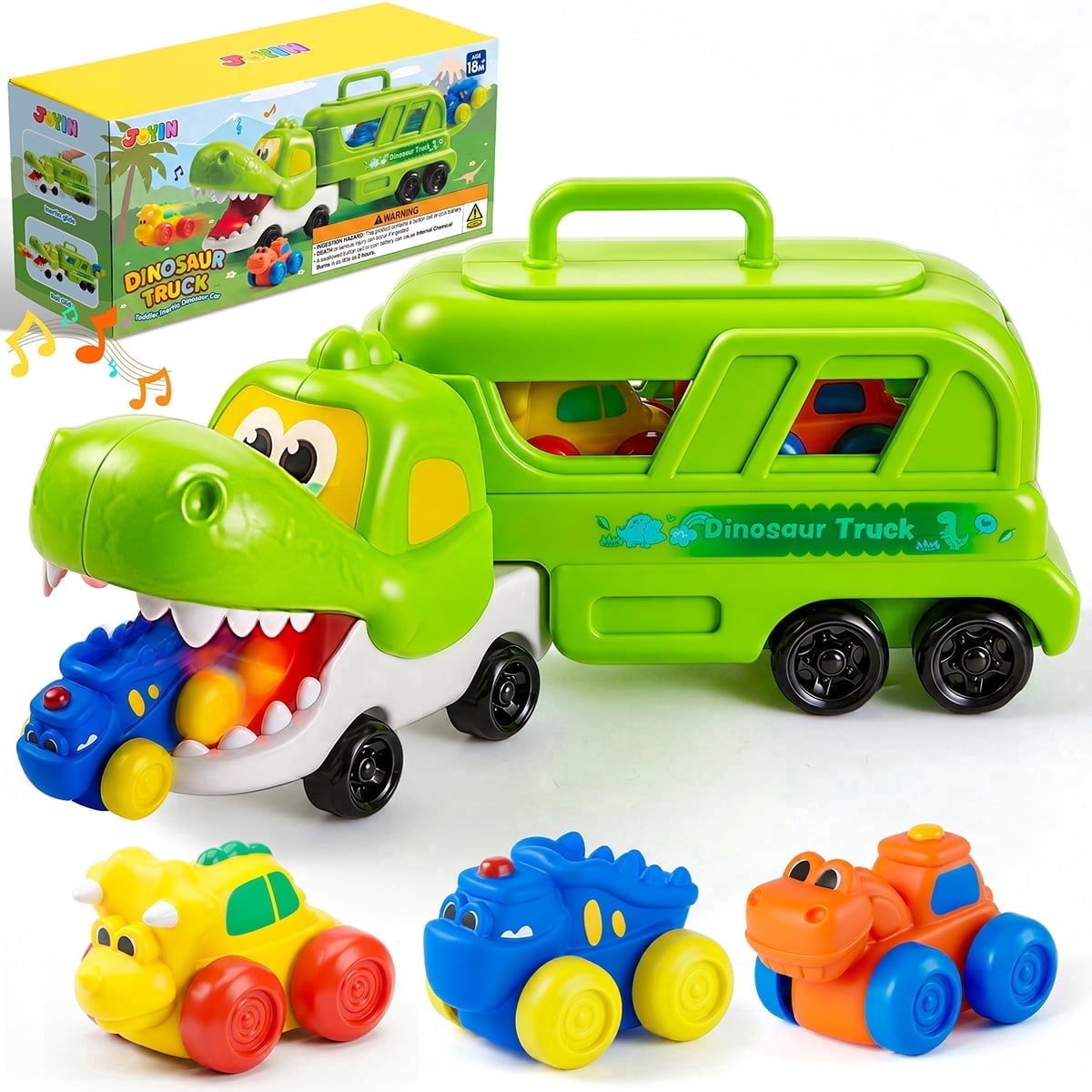 Joyfy Dinosaur Truck Toys for Toddlers 18M+, Musical Light-Up Dinosaur Carrier with Built-in Slide Rails & 3 Rubber Vehicles, Birthday Gifts for 2-4 Year Old Boys Girls