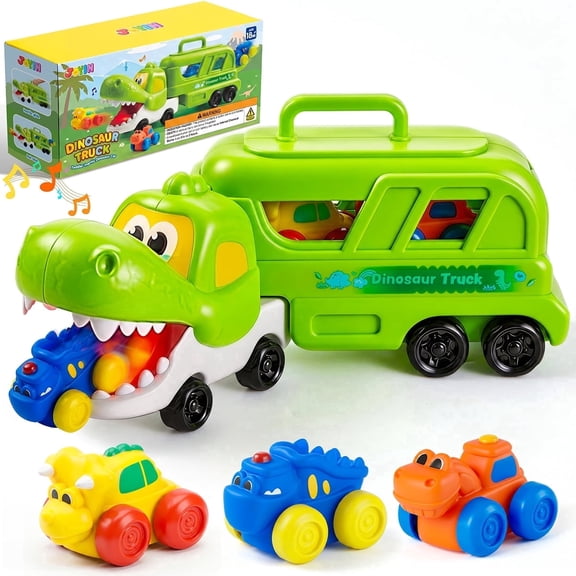Joyfy Dinosaur Truck Toys for Toddlers 18M , Musical Light-Up Dinosaur Carrier with Built-in Slide Rails & 3 Rubber Vehicles, Birthday Gifts for 2-4 Year Old Boys Girls