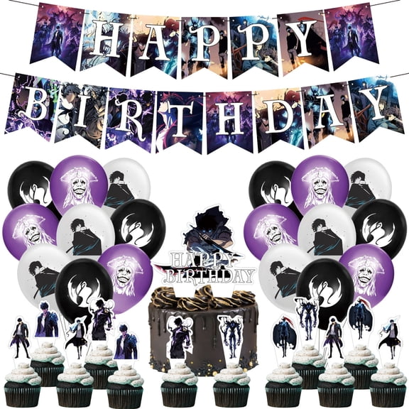 32 PCS For Solo Leveling Cartoon Theme Birthday Party Decorations,18 Balloons,13 Cupcake Toppers,With 1 Happy Birthday Banner Garland,for Party Supplies Decorations