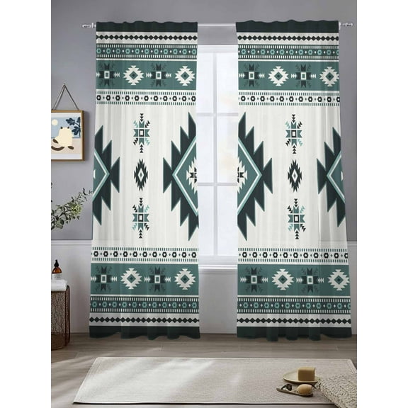 Green Boho Sheer Curtains for Living Room Bedroom Ethnic Tribal Aztec Abstract Geometric Motifs Sheer Curtains 84 Inch Long 2 Panels Set Light Filtering Curtain Window Treatments Drapes