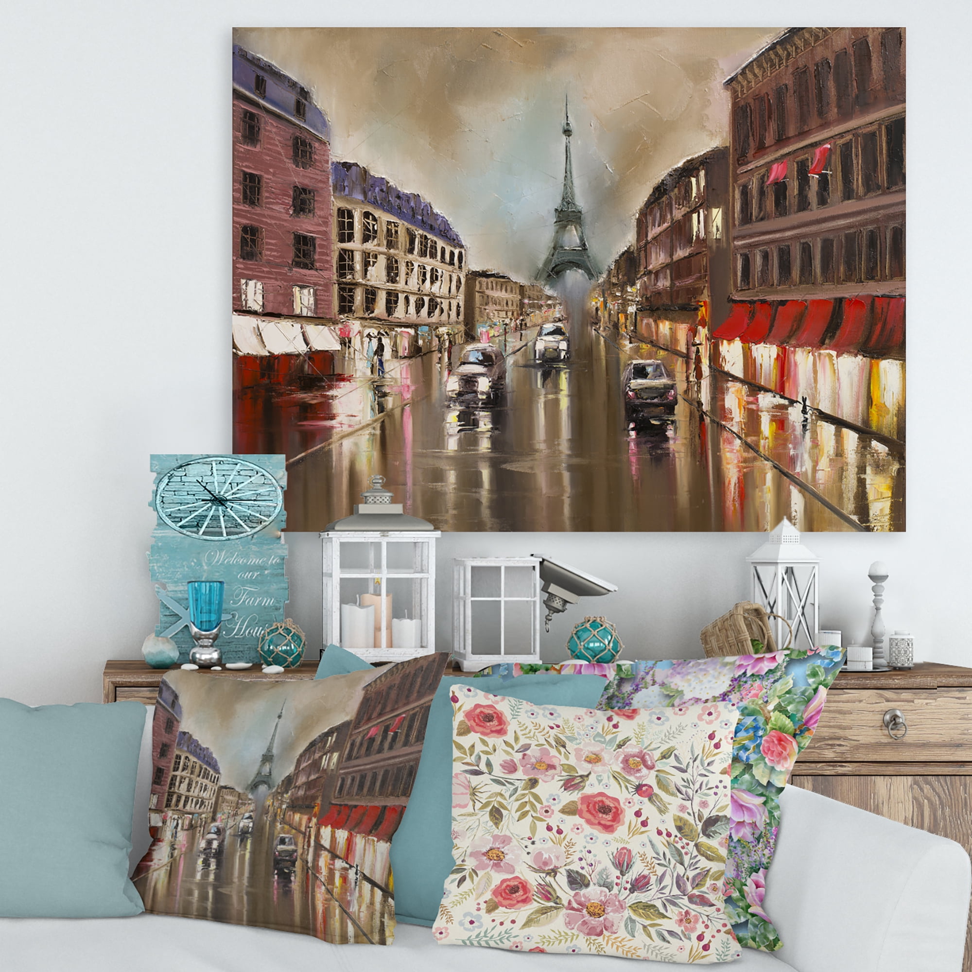 Designart ' Quiet Rainy Street In Gray Eiffel Tower Paris ' Traditional Canvas Wall Art Print