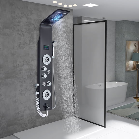 Shower Panel Tower System Black with 6-Function LED Rainfall Waterfall Shower Handheld Shower Tub Spout And Massage Jets Spray Gun for Bathroom Wall Mounted