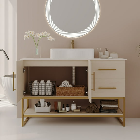 Modern Bathroom Vanity with Ceramic Vessel Sink, 47.2" Freestanding Vanity Cabinet with Gold Accents, 2 Drawers & Storage Shelf, White and Oak