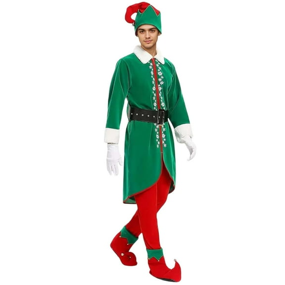 DHFJKG Adult Christmas Elf Dress Up Outfit Long Sleeve Turndown Collar Top Pants With Belt Hat Shoes 5PCS Party Performance Cozy Outfit