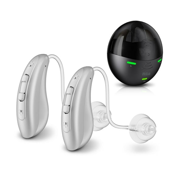 RCA OTC Behind-the-Ear Hearing Aids with Charging Case, Silver