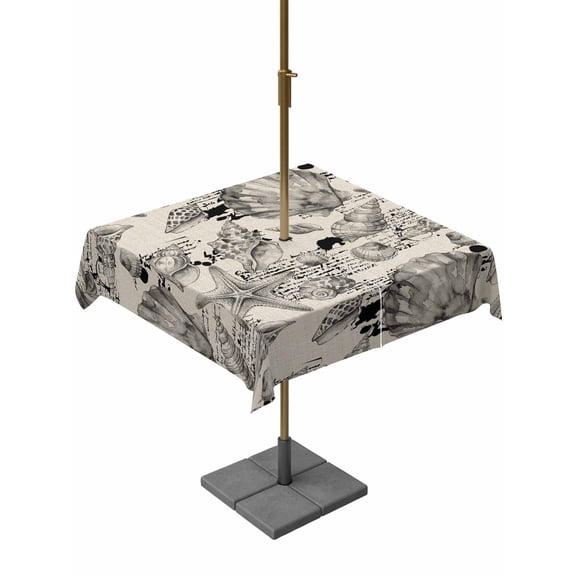 Square Outdoor Tablecloth with Umbrella Hole Grey Coastal Table Cloth Waterproof Patio Table Cover Summer Conchfish Scallops Vintage Nautical Zipper Tablecloths for Picnic Party Camping 54x54 Inch