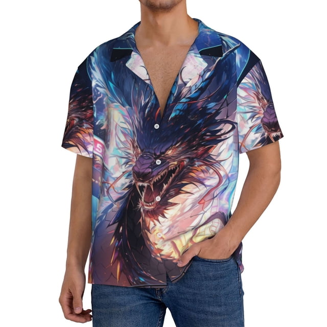 Fotbe Urban Style Colorful Dragon Camisa Estampada de Manga Corta para Hombre, Casual de Verano, Estilo Playero, Sin Arrugas-Large