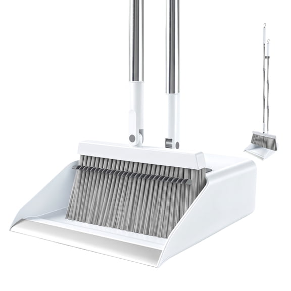 Broom and Dustpan Set,Teeth Clean Hair Long Adjustable Handle Broom Dustpan Combo for Home Kitchen Office,White