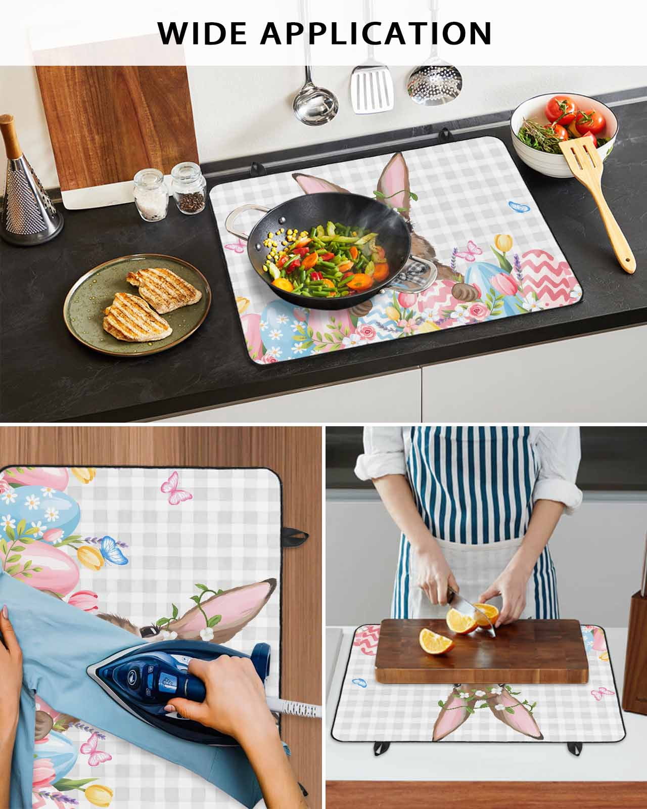 Large Induction Cooktop Protector Mat Bunny Easter Stove Top Covers for Electric Stove, Pink Floral Eggs Farmhouse Checkered Decorative Stove Burner Cover Mats, Glass Top Stove Cover