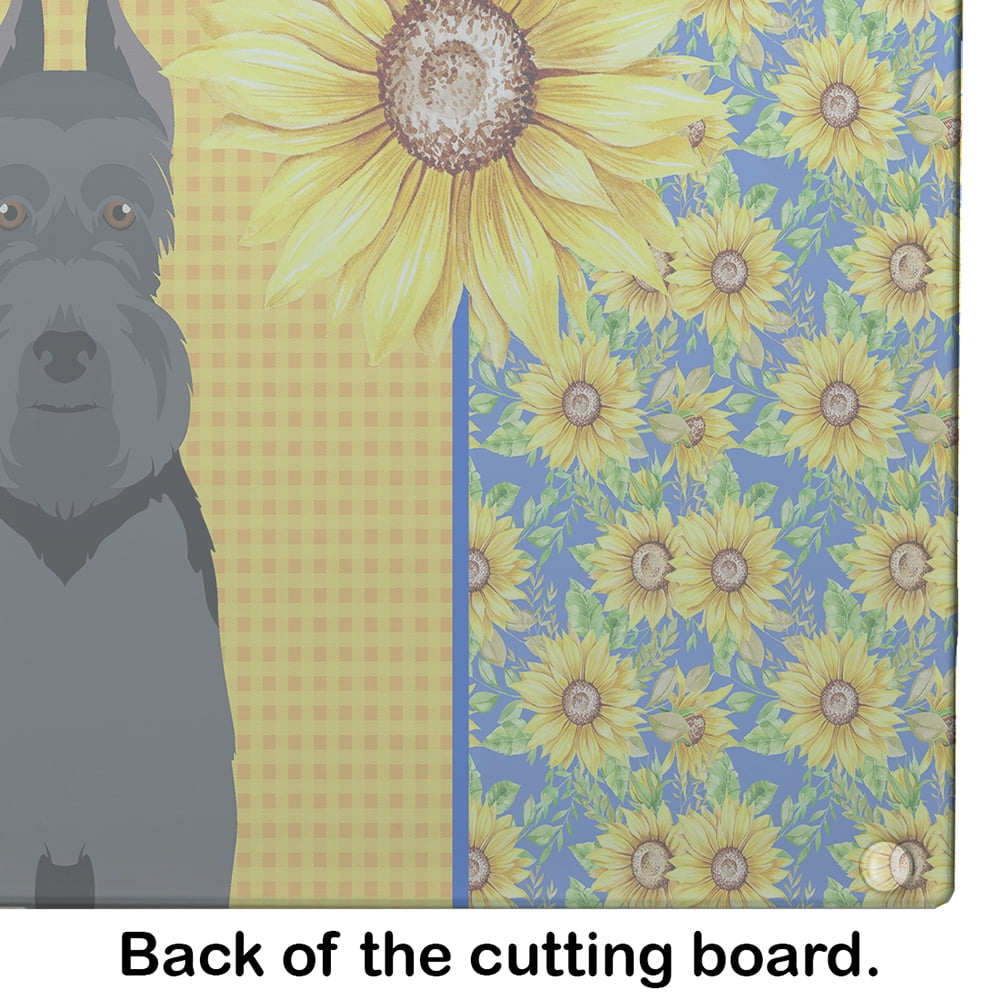 Summer Sunflowers Black Schnauzer Glass Cutting Board Large 12 in x 15 in