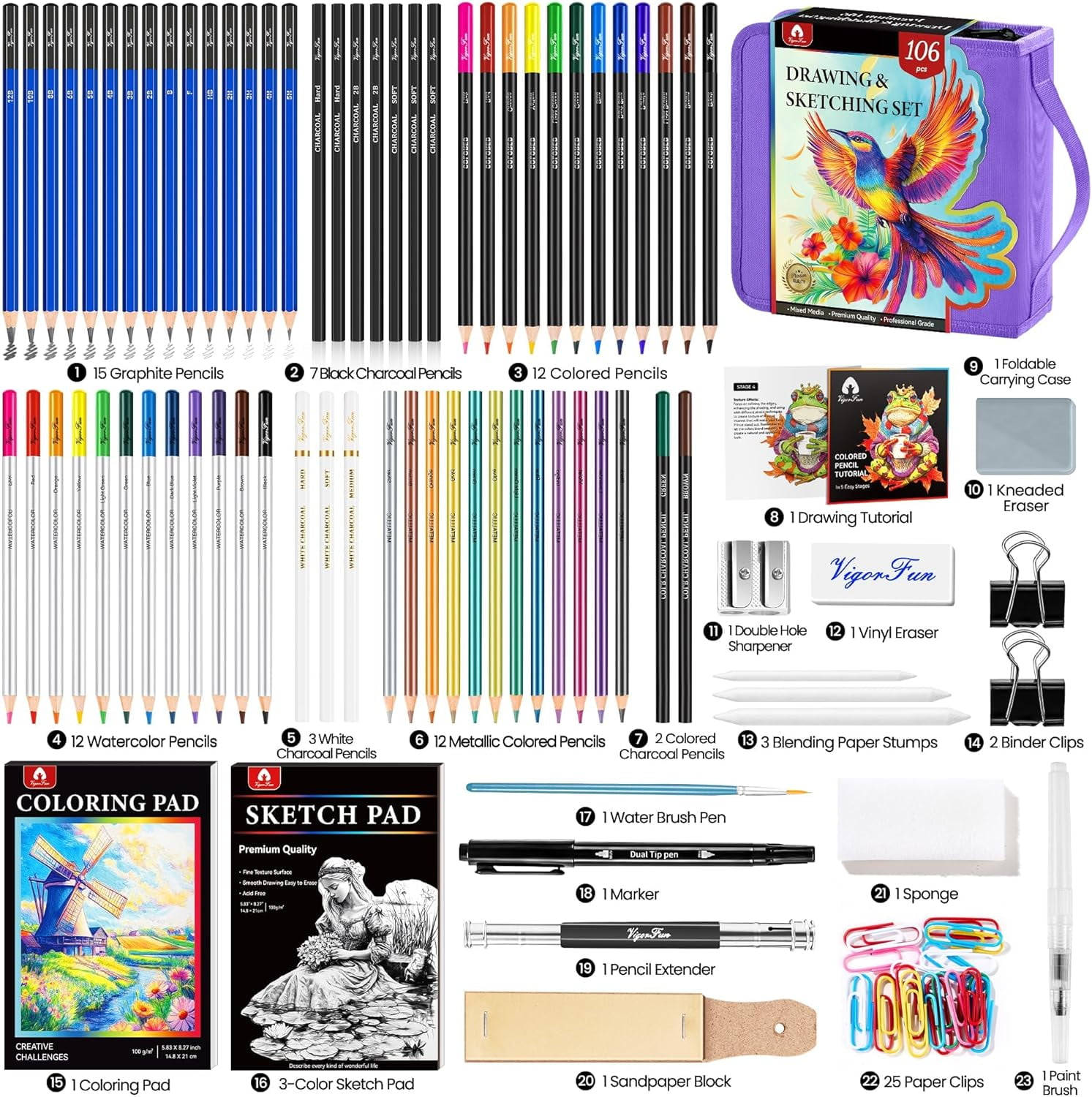106 PCS Drawing Set Sketching Kit, Pro Art Supplies for Artists Adults Kids Beginners(Purple)