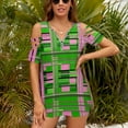 thumbnail image 3 of Plaid Pink & Green Womens Summer V Neck Zipper Top Short Sleeve T Shirt Off Shoulder Top Casual Classy Loose Shirts, 3 of 7