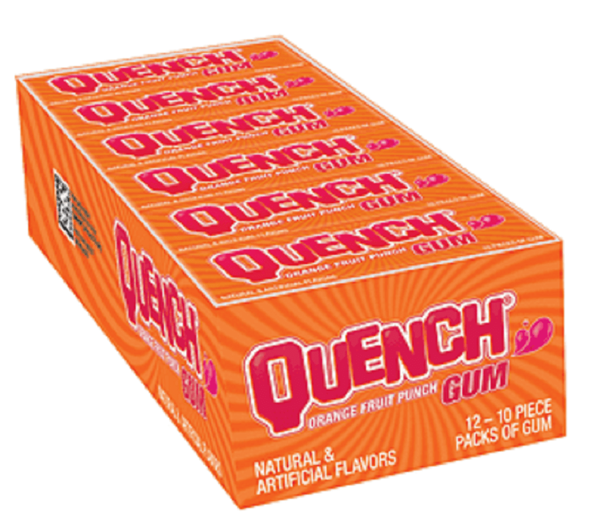 Mueller Quench Gum, 10 Stick Pack, 1 Tray of 12 Packs, Orange Fruit Punch