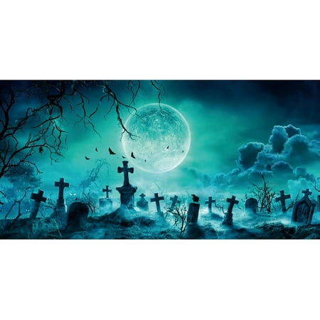 Image of 10x5ft Halloween Backdrop Photography Horror Full Moon Night Scary Tomb Graveyard Wooden Branches Backdrop