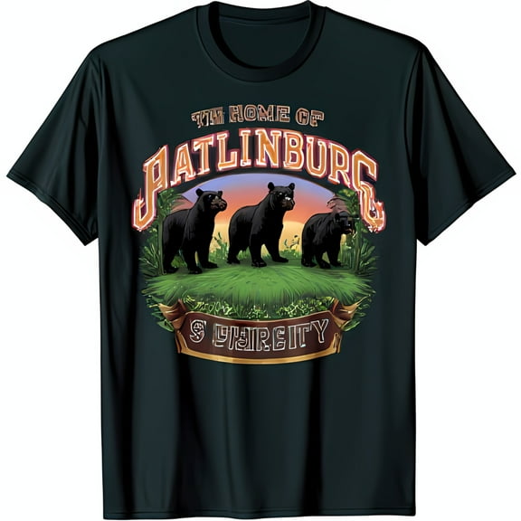 Retro Black T-Shirt with Graphic of Three Bears at Sunset Gatlinburg Smoky City Design