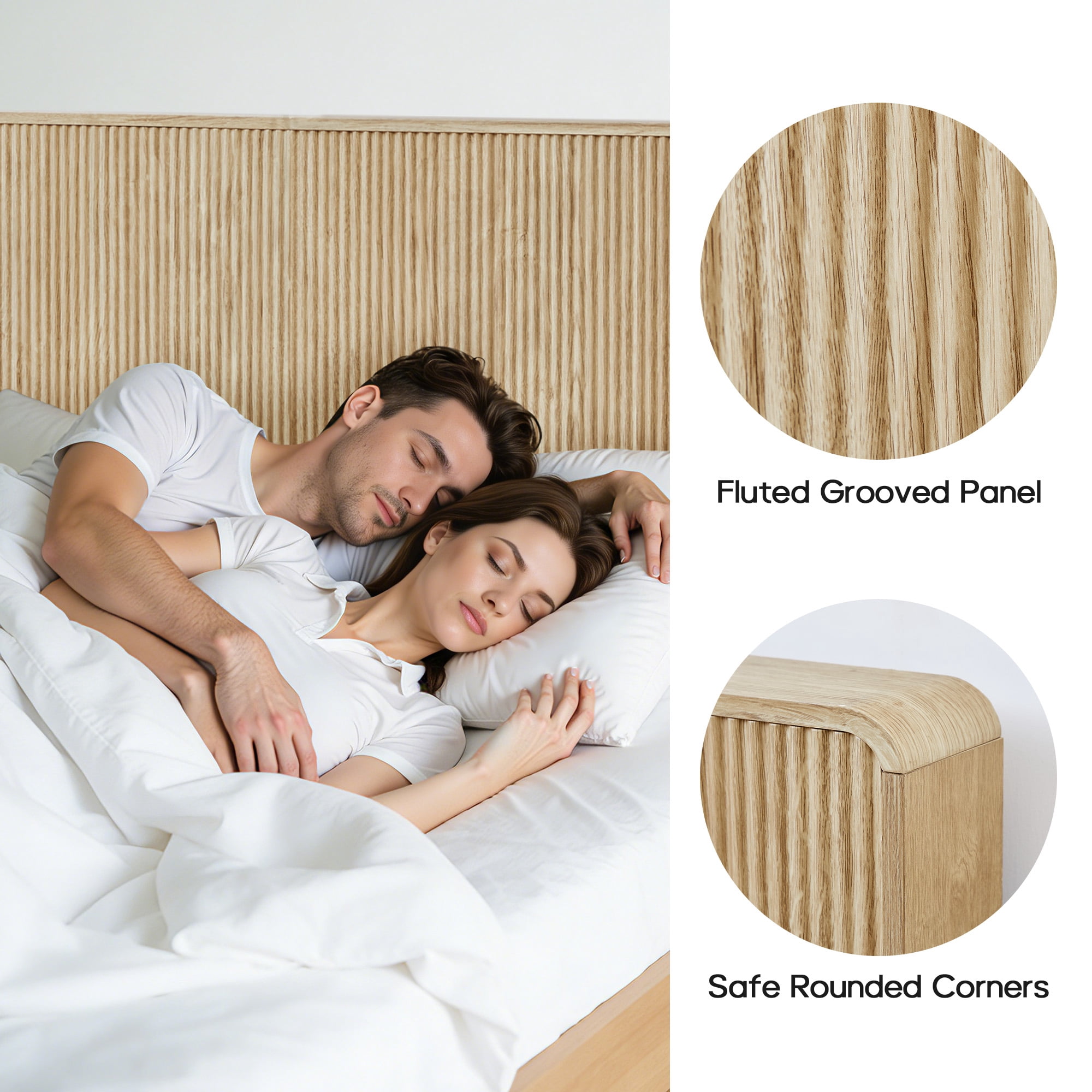YOCWO Headboard for Queen Size Bed with Charging Station, Fluted Grooved Panel Head Board with Rounded Corners, Oak, Headboard Only(Bed Frame Not Included)