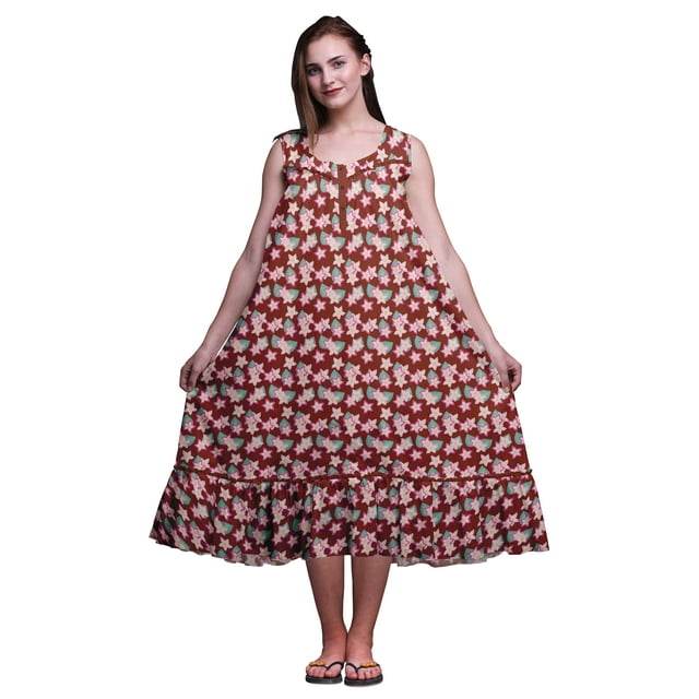 Bimba Chemises de Nuit en Coton Brique Rouge à Feuilles Florales et Imprimées pour Femmes, Robe Sans Manches, Tenue de Nuit, Robe Maxi, Très Grand