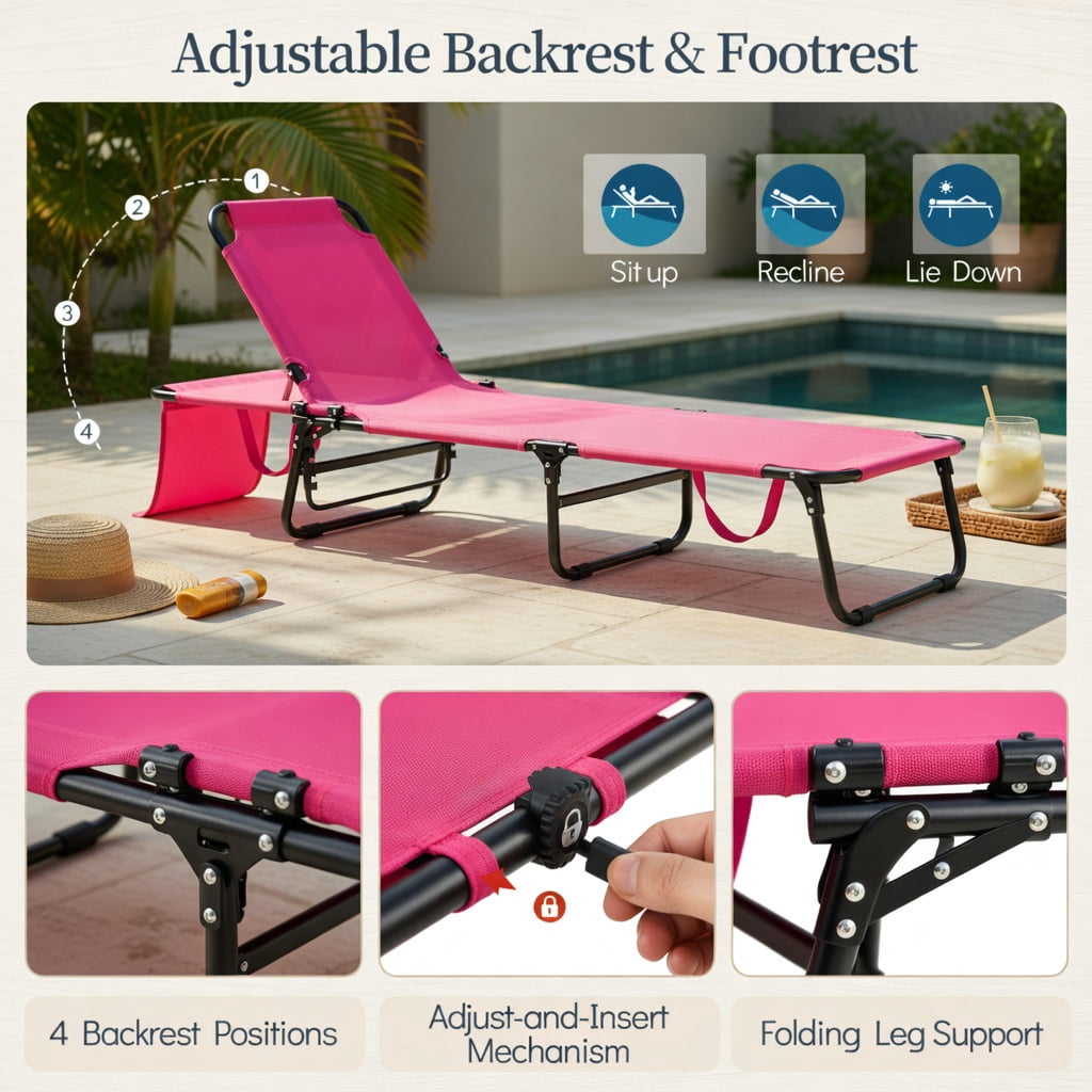 Hommoo Portable Folding Face-Down Tanning Chair with Adjustable Backrest, 3 Removable Zippered Pillows & Face Hole, Pink
