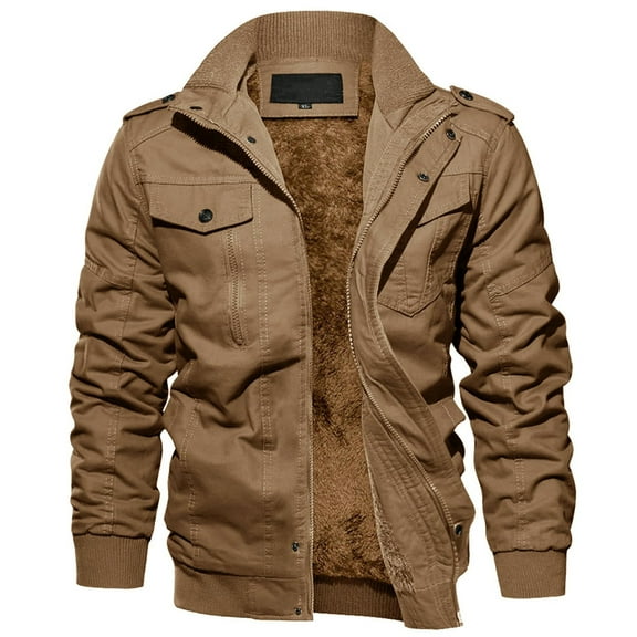TACVASEN Men's Winter Fleece Lined Jacket Thick Sherpa Trucker Cargo Coat Field Zip Front Stand Collar Outwear with Multi Pockets for Casual Work, Khaki, L