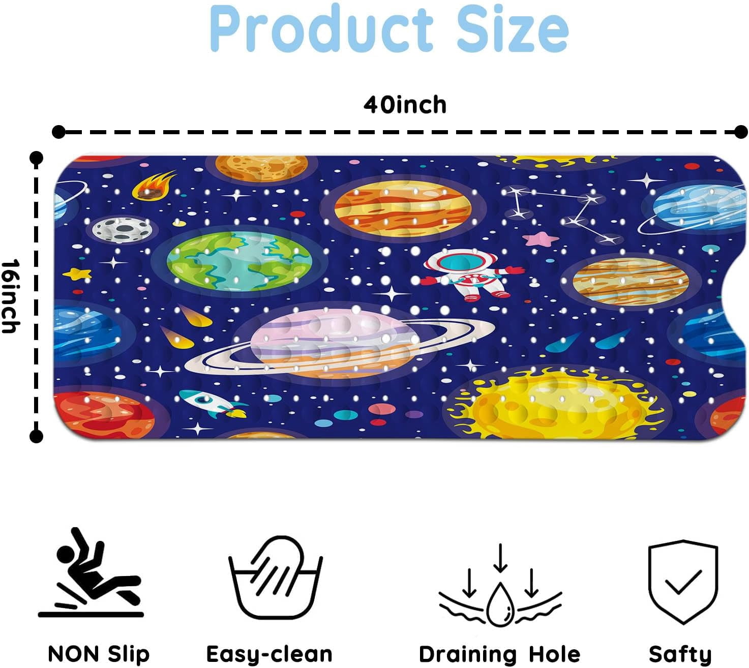 Bathtub Mats for Kids, Blue Outer Space Bath Mat for Tub Non Slip, 40 X 16 Inch Large Washable Bathtub Mat Non Slip for Showers with Drain Holes and Suction Cups