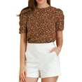 thumbnail image 1 of INSPIRE CHIC Hauts Froncés pour Femmes Col Ras du Cou Manches Courtes Dos Goutte d'Eau Blouse Florale TP Brun, 1 of 7
