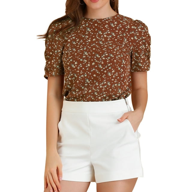 INSPIRE CHIC Hauts Froncés pour Femmes Col Ras du Cou Manches Courtes Dos Goutte d'Eau Blouse Florale S Brun