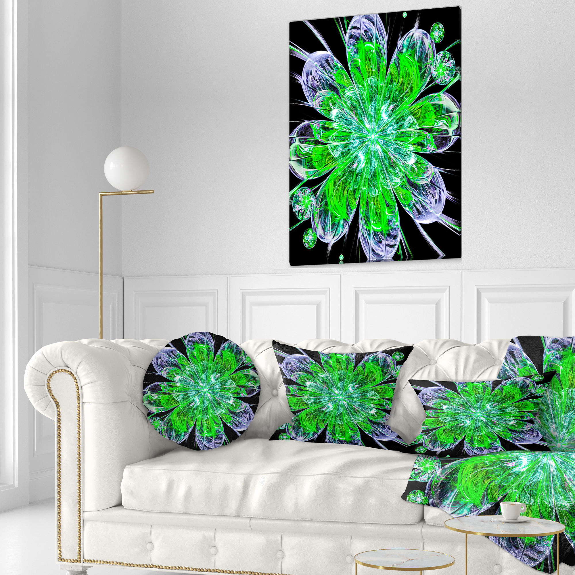 Designart Shiny Green Purple Fractal Flower on Black - Floral Throw Pillow - 12x20