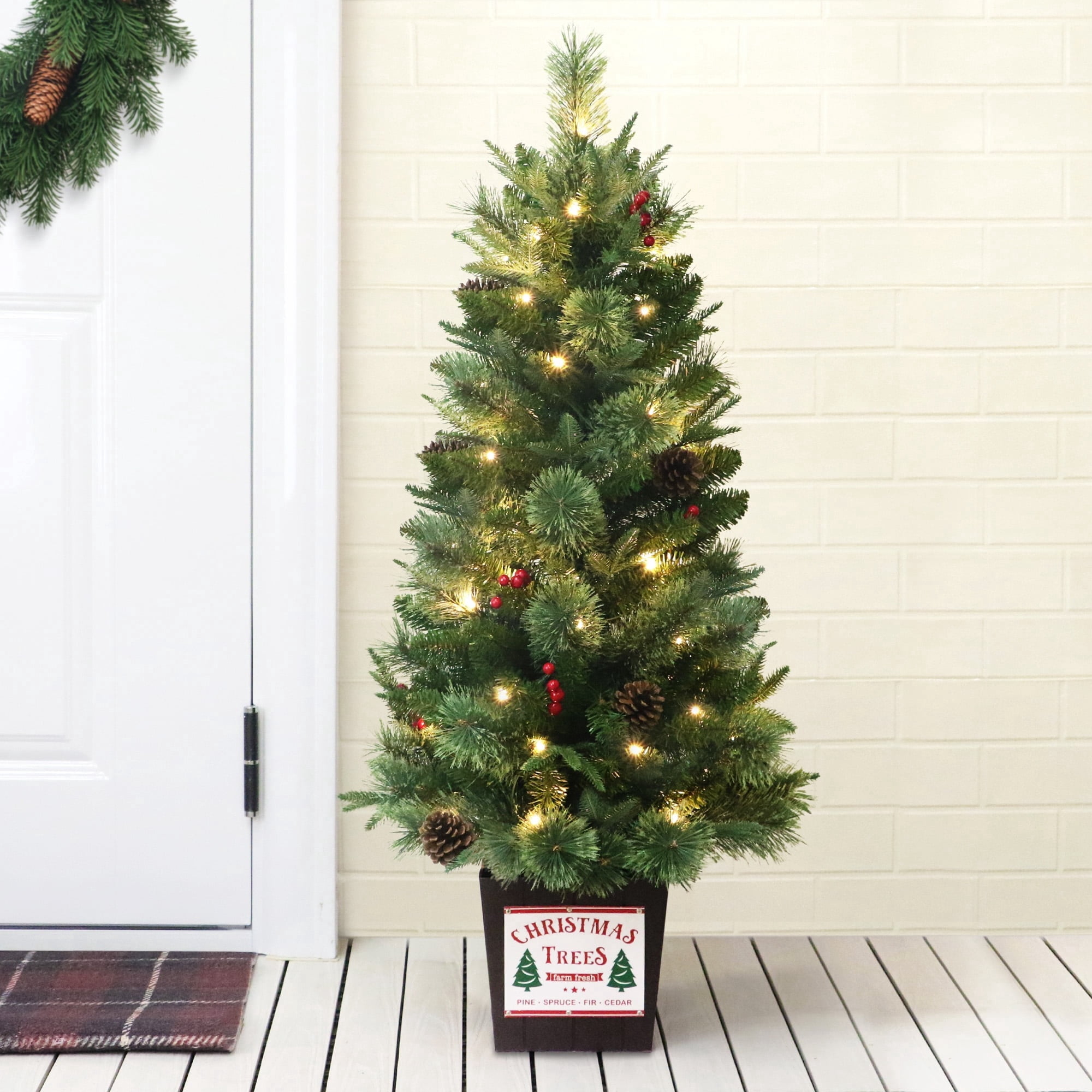 3.5' Pre-Lit Green Artificial Porch Christmas Tree with 35 Warm White LED Lights in Decorative Base, by Holiday Time