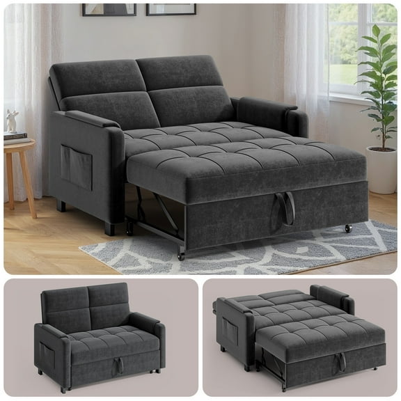 Sofa Bed Chair, Asofer 3-in-1 Convertible Sleeper Sofa with Storage, Adjustable Backrest for Small Space, Apartment, Velvet Grey