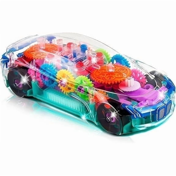 ArtCreativity Light up Transparent Bump and Go Car Toy for Toddlers, Sensory Toy Vehicle with Colorful Moving Gears, Music, and LED Effects