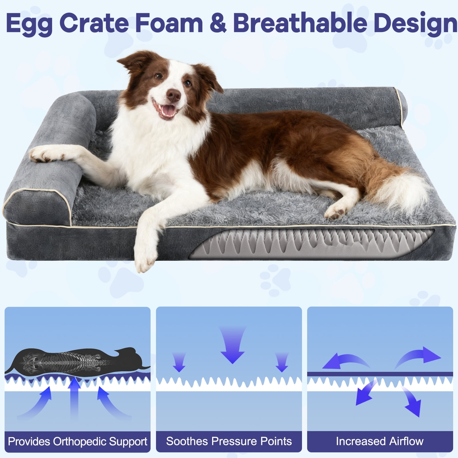 YUWENUS 40" Orthopedic Dog Bed for Large Dog, Waterproof Memory Foam Pet Bed, Non-Slip Bottom Dog Sofa with Washable Removable Cover, Grey