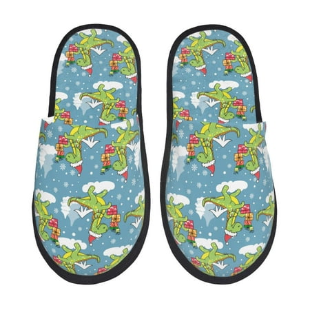 

Fuzoiu Dino Christmas Adventure Snowy Blue Print Unisex Furry Slippers Plush Indoor Shoes Trendy House Slippers Anti-Skid EVA Sole House Shoes for Home Office and Travel -Medium