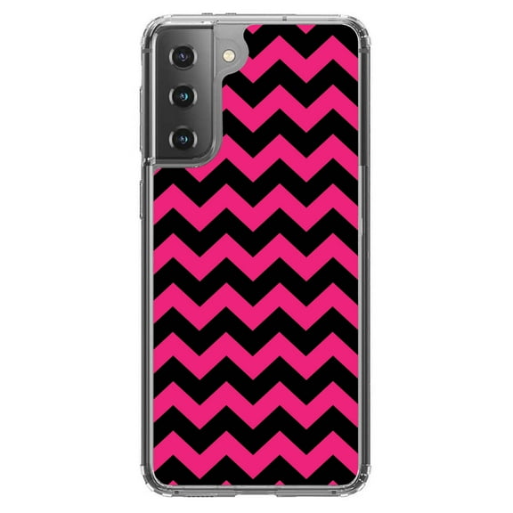 DistinctInk Clear Shockproof Hybrid Case for Galaxy S21  PLUS 5G (6.7" Screen) - TPU Bumper, Acrylic Back, Tempered Glass Screen Protector - Black Hot Pink Chevron Stripes - Chevron Stripes