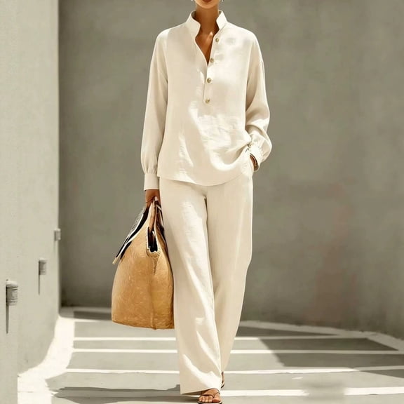 Stralyhd Womens 2 Piece Outfits Long Sleeve Stand Collar Button Down Shirt Wide Leg Pants Summer Casual Trendy Lounge Set Beige XXL