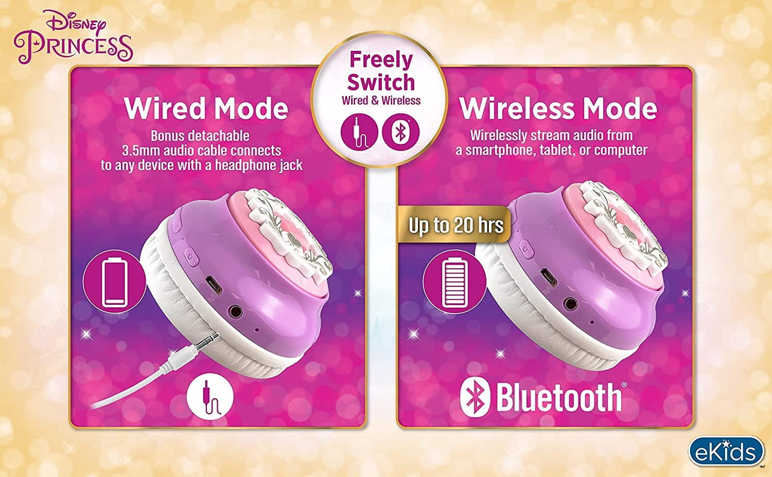 eKids Disney Princess Bluetooth Headphones with EZ Link, Microphone and Aux Cord