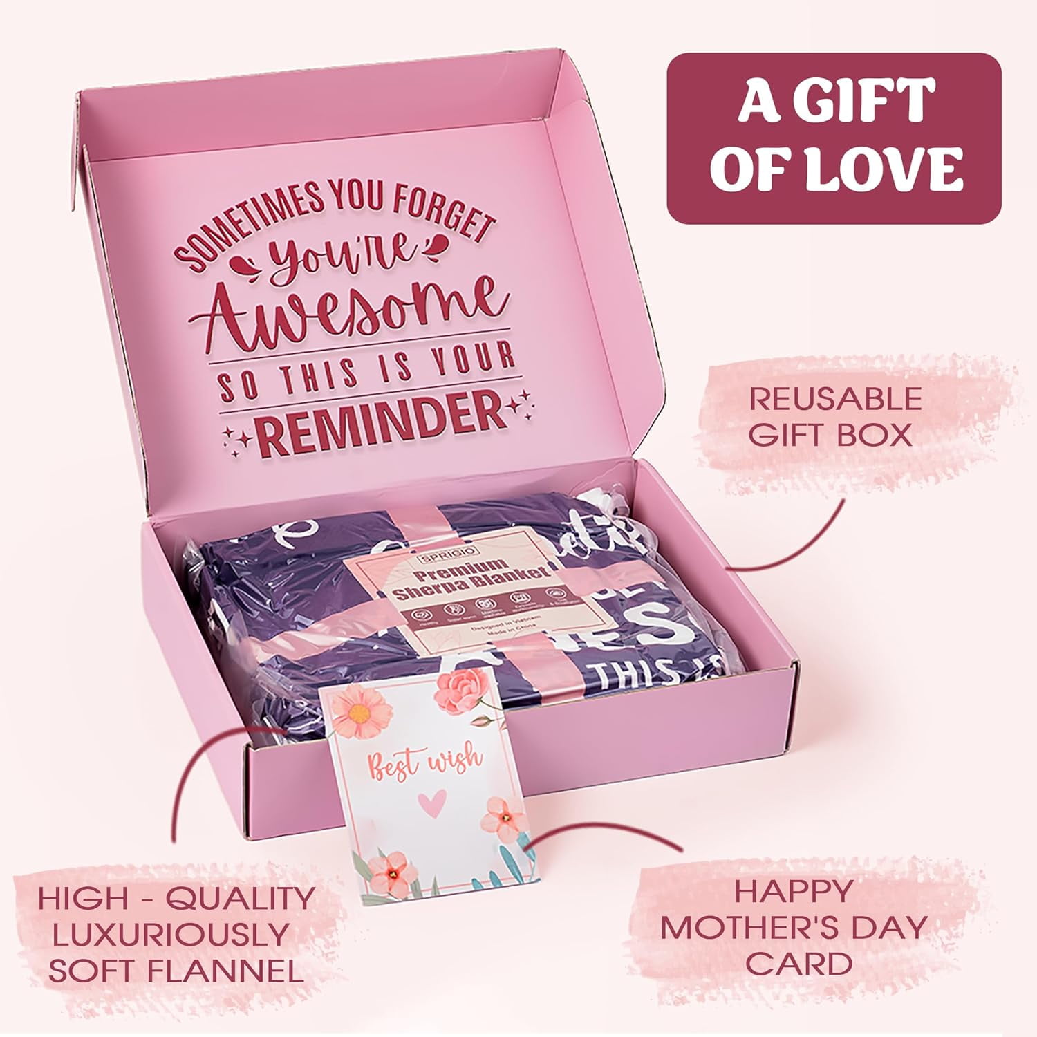 Mothers Day Gifts Love Mom Sherpa Fleece Wearable Hooded Blanket from Daughter Son, I love You Mom, Big Hug Blanket for Mom Birthday Gifts, Inspirational Gifts for Women (Purple)