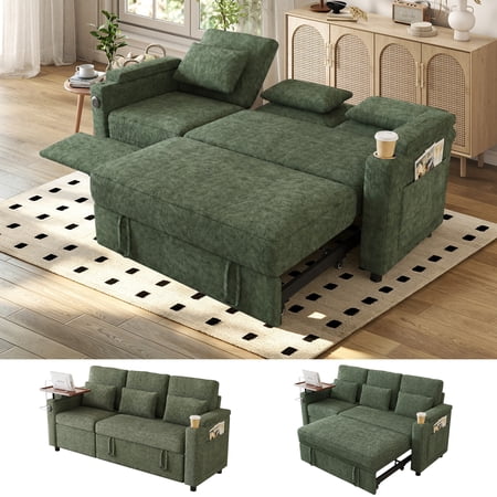 FFH 83" Sectional Sleeper Sofa with Pull Out Bed, 3-in-1 Convertible Couch Bed and Chair Set with Cup Holder and USB Ports for Living Room, Green